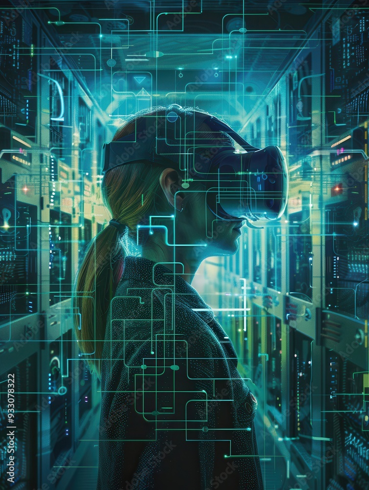 Leinwandbilder a hacker navigates a virtual landscape filled with digital locks and codes while wearing a vr headse
