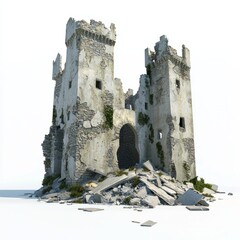 3D Render of a ruined castle with broken walls and collapsed towers, on isolated white background