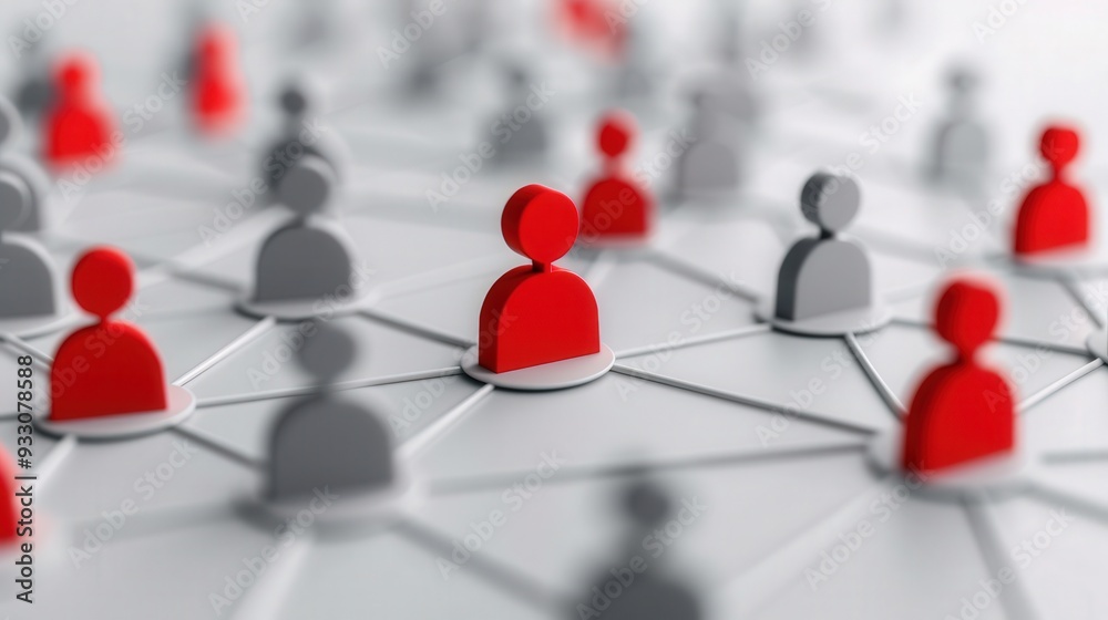 Poster red and gray avatars interconnected in a dynamic network on a white background, symbolizing social c