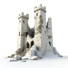 3D Render of a ruined castle with broken walls and collapsed towers, on isolated white background