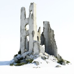 3D Render of a ruined castle with broken walls and collapsed towers, on isolated white background