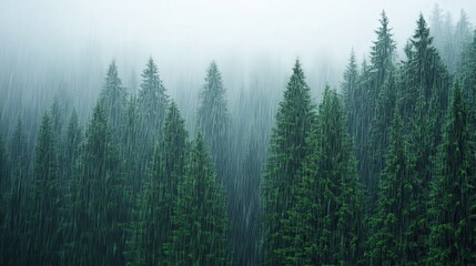 Fototapeta premium Misty Rainfall in a Serene Forest, gentle droplets cascading through a dense, fog-laden woodland, creating a tranquil atmosphere, lush greenery shrouded in mist.