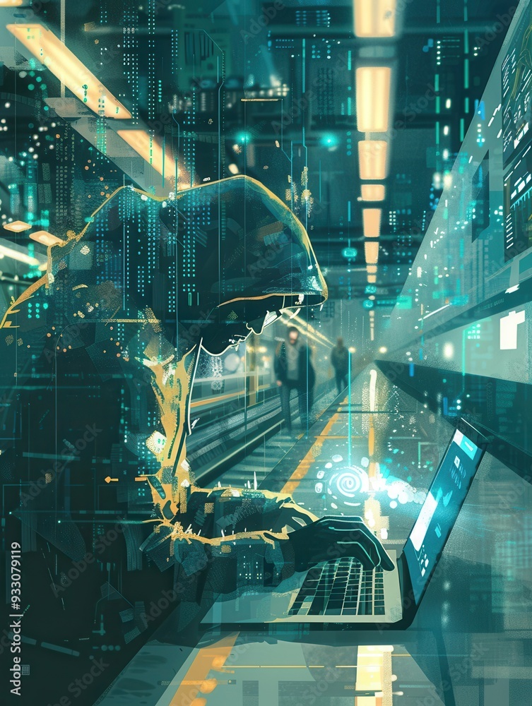 Poster A hacker sits in a metro station, working on a laptop while surrounded by commuters, emphasizing the risks of using public Wi-Fi connections. Generative AI