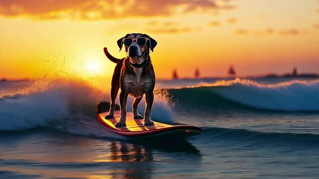 Dog Surfing Sunset: A cool dog in sunglasses rides a surfboard on a wave, as the sun sets in a fiery orange sky. The image captures a moment of carefree fun and adventure, perfect for evoking feelings