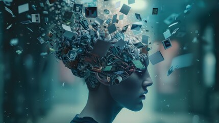 An abstract digital image depicts a human head with various objects and data floating outward, symbolizing the explosion of information and ideas.