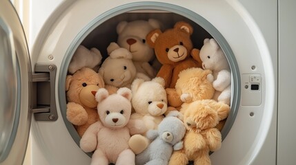 the door of a dryer open, soft, fluffy stuffed animals, adorable teddy bear