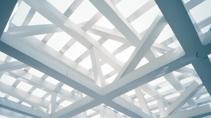 Naklejka premium Intricate white lattice structure with crisscrossing beams illuminated by soft natural light, creating a sense of depth and complexity.