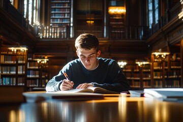 University student sitting at a wooden table in a library studying and writing