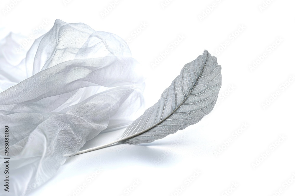Poster a single feather on a white background, great for decorating or adding texture