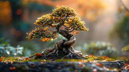 Bonsai Tree in Autumn Setting - Realistic Digital Illustration