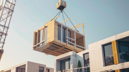 A construction site where a modular home unit is being hoisted by a crane, showcasing modern building techniques in a bright, clear setting.