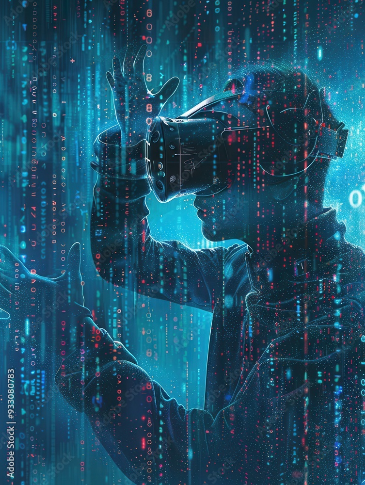 Poster A hacker navigates a virtual space, interacting with digital locks and codes using a virtual reality headset. Generative AI