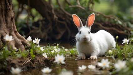 Fototapeta premium white rabbit in the grass