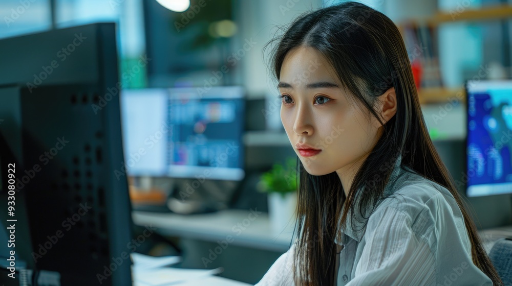 Aufkleber A person sitting in front of a computer monitor with various screens and icons displayed