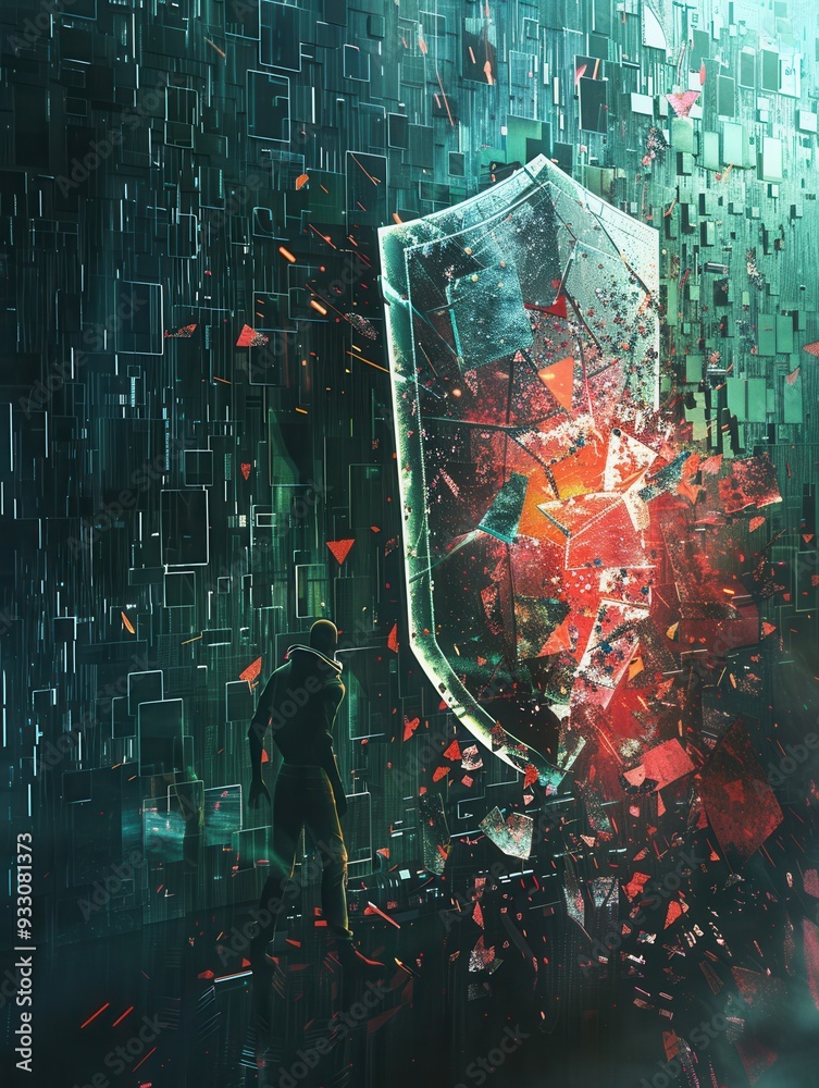 Leinwandbilder a hacker breaks through a digital shield, causing fragments to scatter amid a vibrant cyber environm