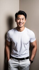 A smiling man in a white shirt posing against a beige background