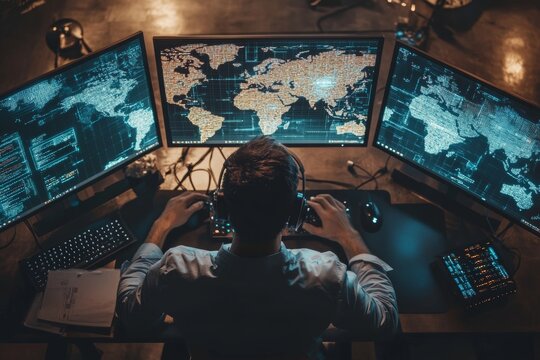 Hacker at work  multiple computers with digital world map overlay in photography shot