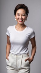 A woman smiling cheerfully in a white outfit