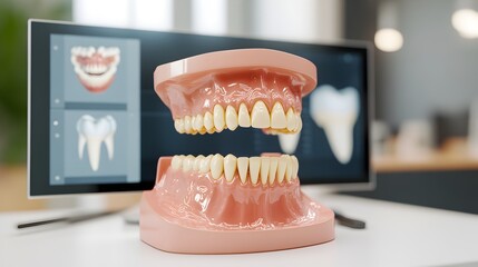 A dental model showing teeth in front of a computer screen with dental images, illustrating dental care, orthodontics, and modern technology in dentistry.