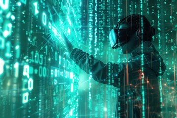 A hacker in a VR headset navigates a virtual world surrounded by glowing digital locks and flowing codes. Generative AI