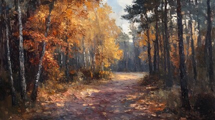 Obraz premium A peaceful autumn day in the forest, crunchy leaves underfoot, rich color palette, detailed brushstrokes emphasizing texture, oil painting, hand-painted technique, soft natural light.