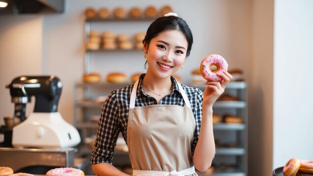 A smiling baker is holding a decorated doughnut in a bakery