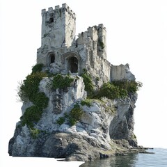 3D Render of a ruined fortress on a cliffside overlooking the sea, on isolated white background