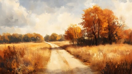 Fototapeta premium Peaceful rural road, autumn colors, golden leaves, oil painting brushstrokes, warm and inviting