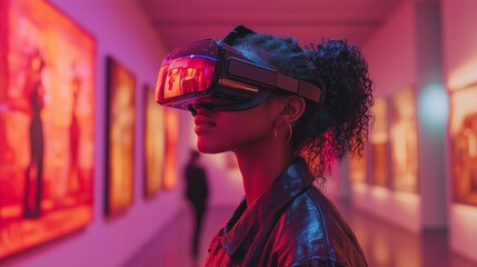 A visitor in VR glasses engages with virtual art installations in a brightly lit gallery filled with colorful contemporary artwork.