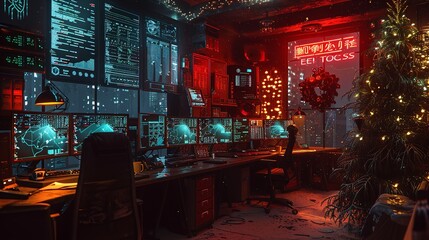 Obraz premium High-tech security operation center with multiple screens, cybersecurity, bathed in neon lights