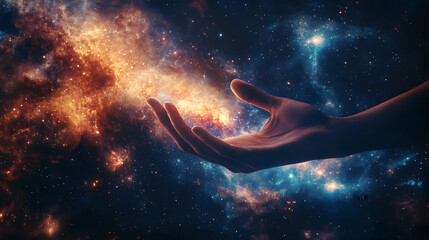 design of a hand extending from a galaxy. Touch of human hands against the background of cosmic energy. by AI generated 