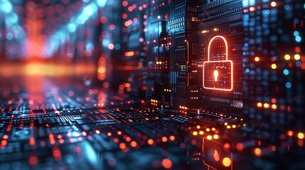 Obraz premium Digital Security Concept with Glowing Padlock and Circuit Board, lock icon on circuit board showing data is encrypted