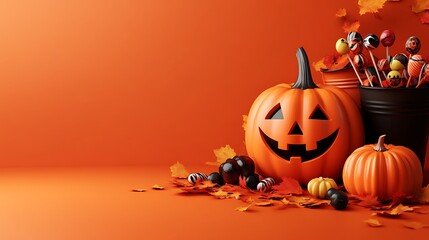 Festive Halloween scene with carved pumpkin, candy, and autumn leaves on orange background, evoking holiday spirit and seasonal decor.