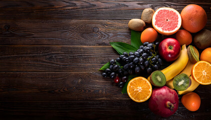 Mixed fruits placed on a wooden table dark background, Orange, Grape, Blue berry, Strawberry, Apple with copy space