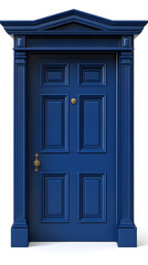 Classic wooden navy blue framed door isolated on white background