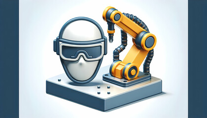 3D Icon as Safety goggles and robotic arm concept as Safety goggles paired with a robotic arm representing the emphasis on protective eyewear in automated manufacturing processes perfect for isolated 