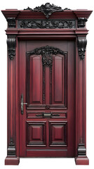 Classic wooden dark red framed door isolated on white background