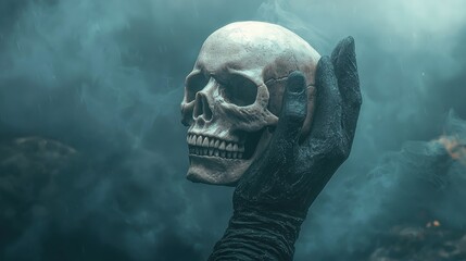 A haunting scene featuring a skull held by a skeletal hand amidst a foggy backdrop, evoking themes of death and mystery.