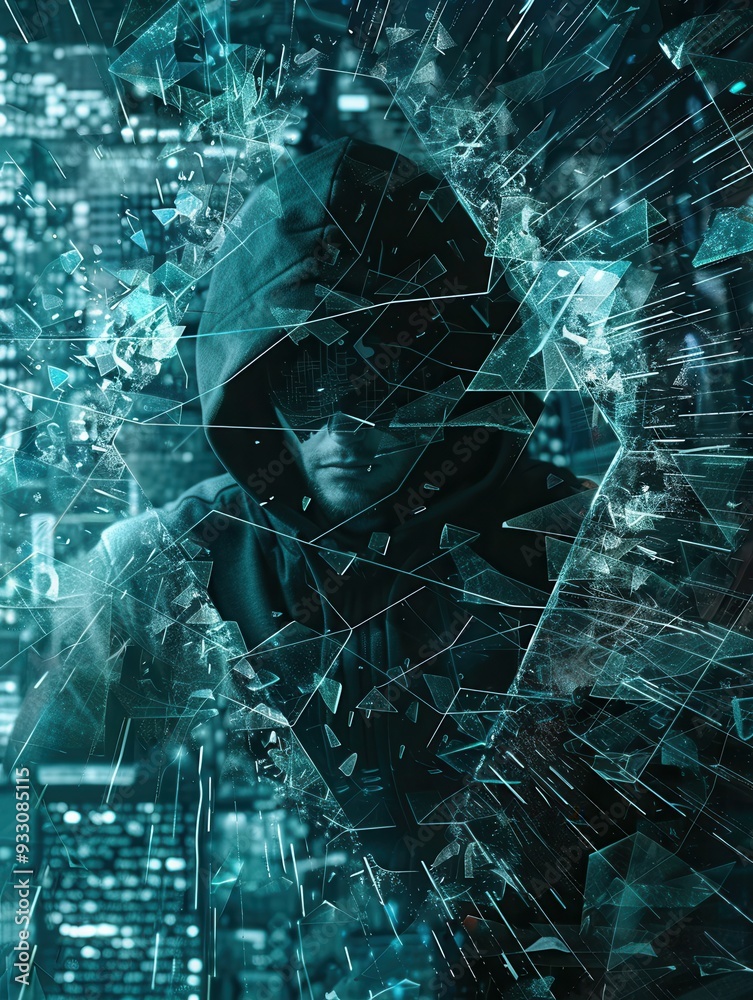 Poster a hacker skillfully breaks through a digital shield, scattering fragments amidst an array of illumin