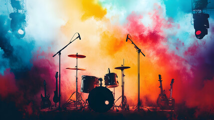 concert stage on rock festival, music instruments silhouettes, colorful background with copy space