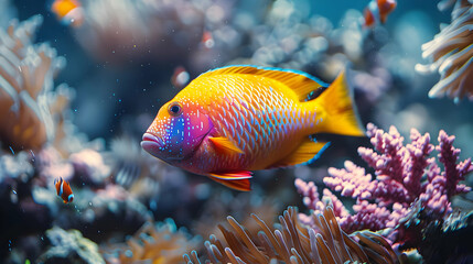 Obraz premium Vibrant Yellow and Blue Fish in Coral Reef Illustration