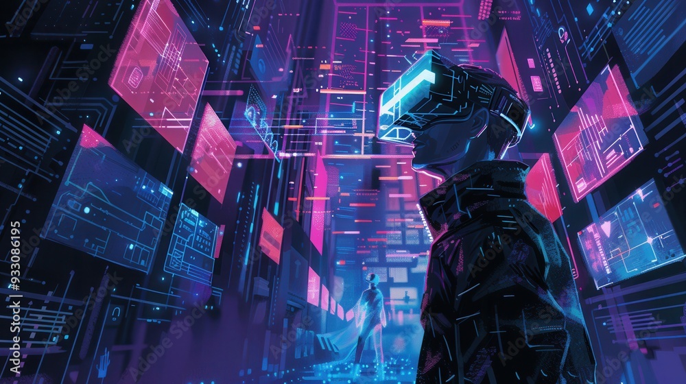 Poster a hacker navigates a virtual space filled with digital locks and codes using a vr headset, immersed 