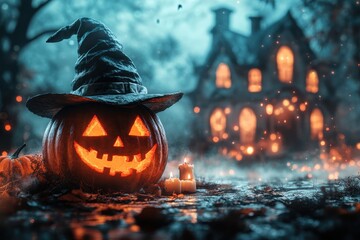 A pumpkin with a smiley face on it is sitting on the ground next to a house