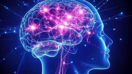 the human brain with glowing pink and blue neural connections, representing areas associated to emotional intelligence