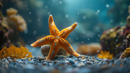 Orange Starfish on a Pebble Beach with a Blue Ocean Background - Underwater Illustration