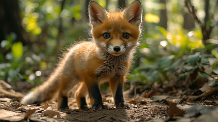 Fototapeta premium A small playful fox cub exploring a forest clearing