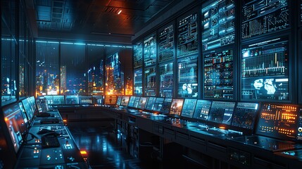 High-tech control room with monitors displaying graphs and various data