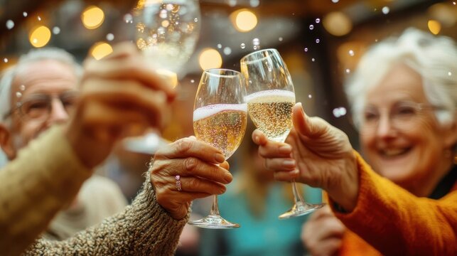 Elderly friends clink glasses of champagne as they enjoy Christmas dinner at home. Happy elderly men and women celebrating new year or christmas, drinking sparkling wine together - Powered by Adobe