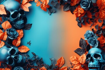 Skulls and roses are arranged in a circle on a blue and orange background
