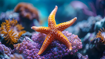 Orange Starfish on Purple Coral Reef - Underwater Photo